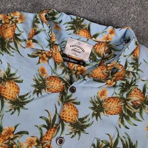 Portuguese Flannel Button Up Mens Large Blue Pineapple Floral Viscose Shirt